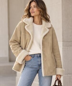 Adler Collection Womens L/XL Beige Real Suede Shearling Coat Y2K Boho Western